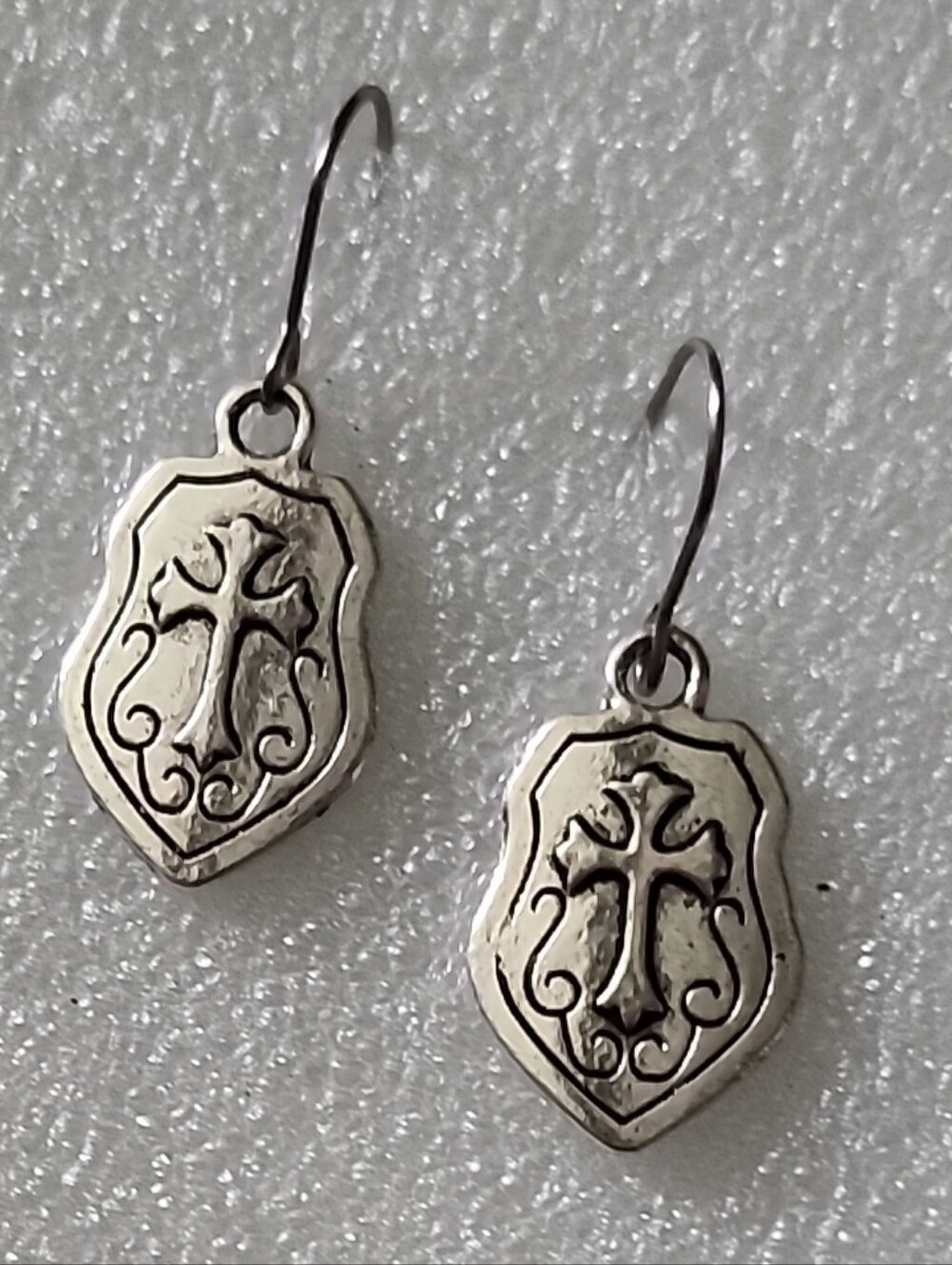 Sterling Toned Shield Cross Drop Earrings